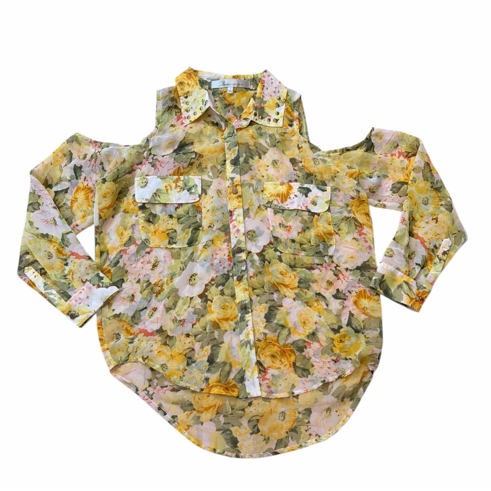 Lovers + Friends Sheer Floral Button Down with Cut Out Shoulders
